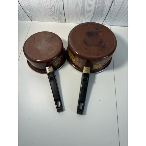 MCM 7o's Retro MUSHROOM & FRUIT Brown Orange Yellow Set of 2 Saucepans r1 - Picture 3 of 7